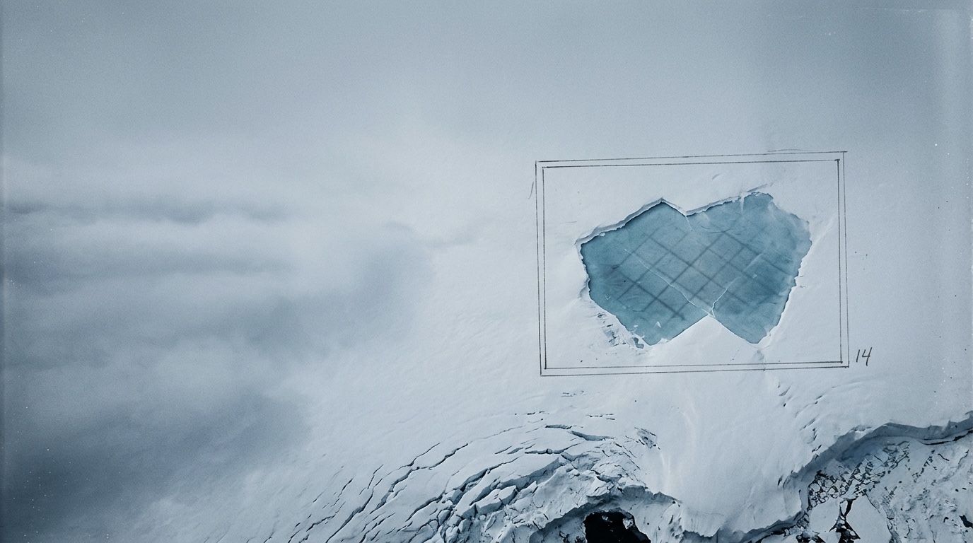 Aerial Antarctic ice field with a hand-marked rectangular frame and label 14.