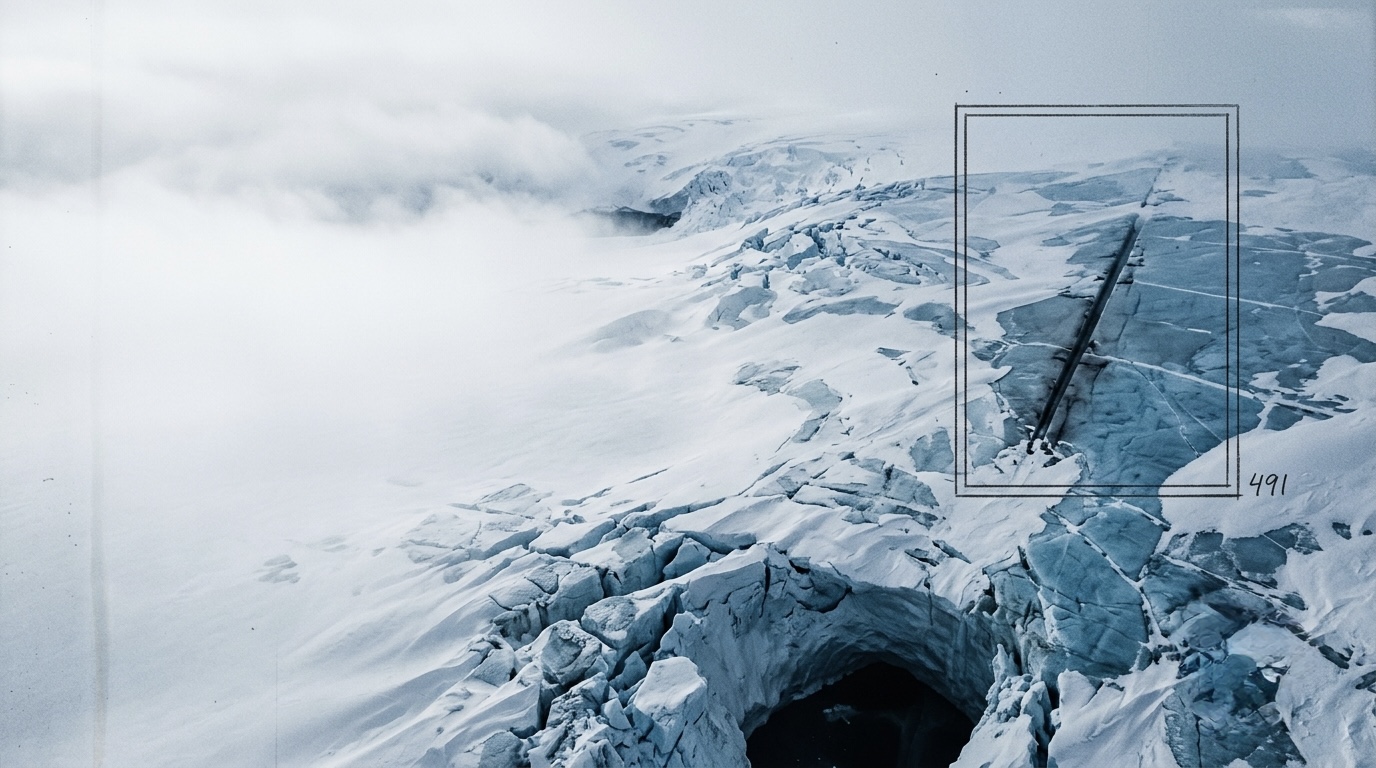 Aerial view of crevassed Antarctic ice with a hand-marked frame and label 491.