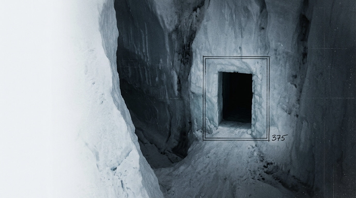 Snow passage between ice walls with a rectangular opening marked 375.
