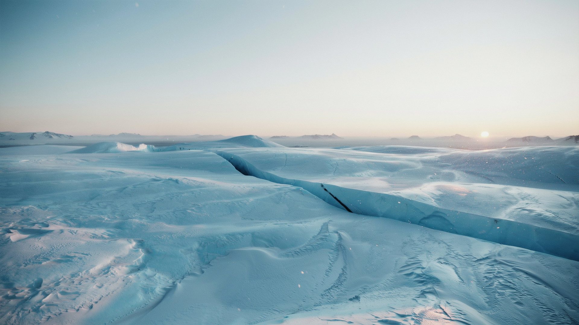 A vast Antarctic ice shelf at dusk, a single unnaturally straight fissure cutting across it