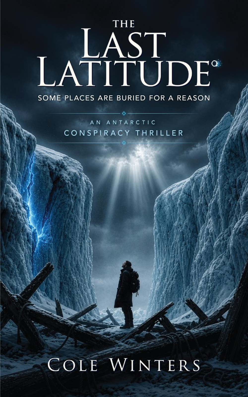 Cover of The Last Latitude, an Antarctic conspiracy thriller by Cole Winters: a figure among wreckage between blue ice walls under shafts of light