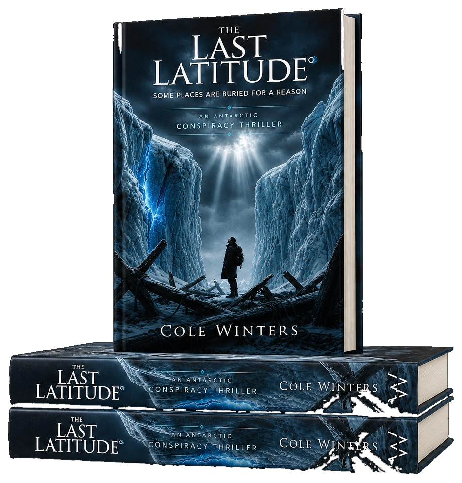 Hardcover of The Last Latitude by Cole Winters: one copy standing, two copies stacked beneath